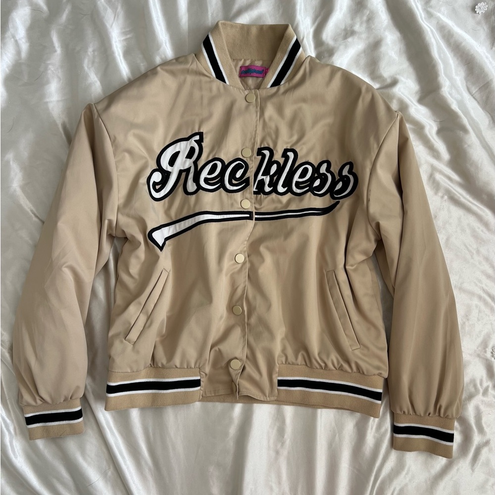 Edikted “Reckless” Beige Varsity Bomber Jacket - image 1